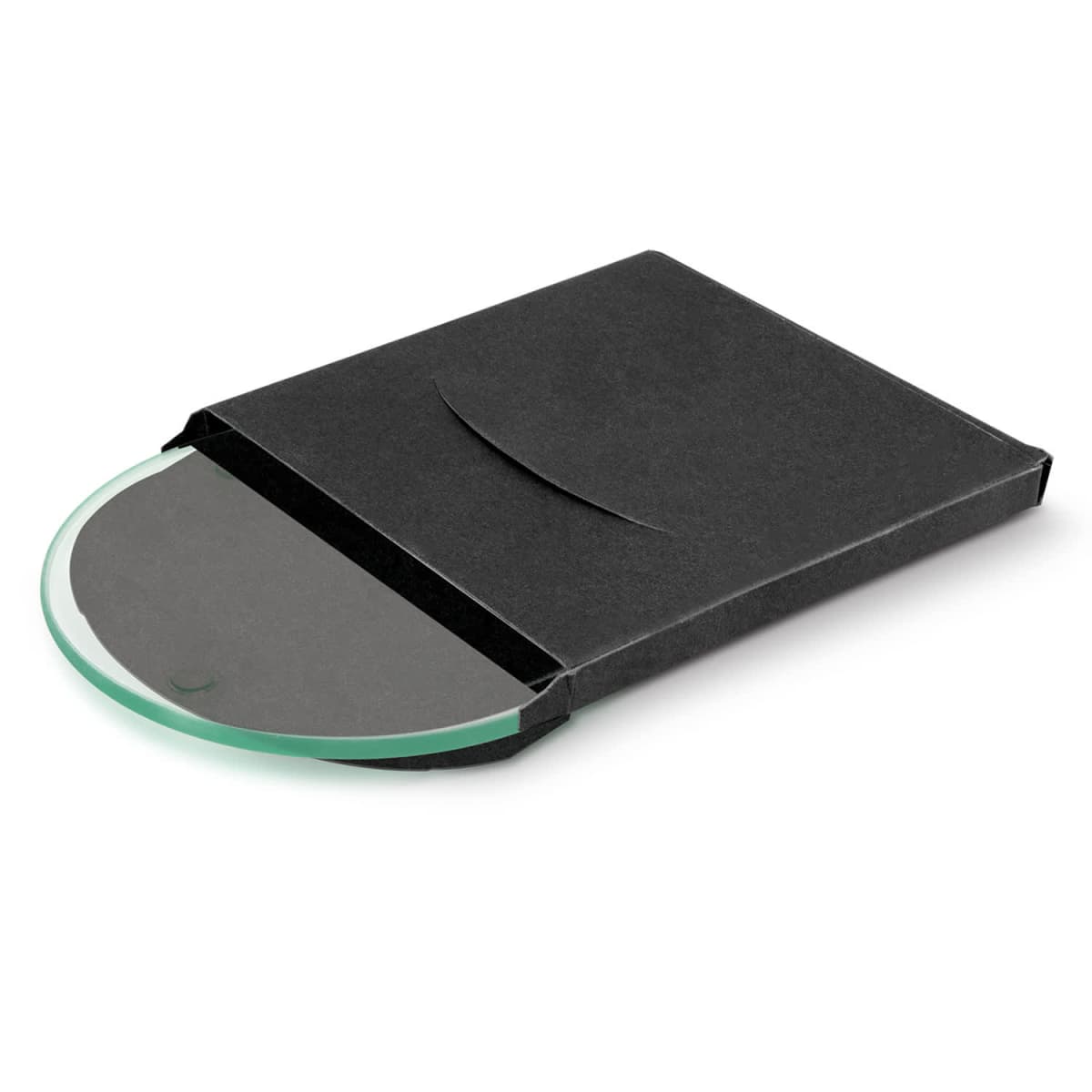 Vernice Single Round Glass Coaster - Full Colour, in black rectangular cardboard sleeve.