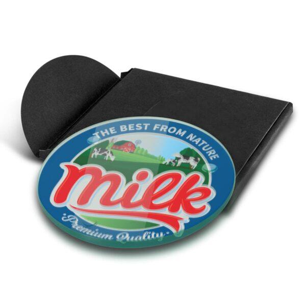 Full colour round Vernice glass coaster with farm scene, in a sleek black envelope.