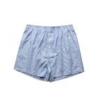Light blue striped mens boxer shorts with an elastic waistband, laid flat.