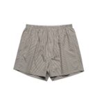Gray and white pinstriped mens boxer shorts with an elastic waistband, laid flat.