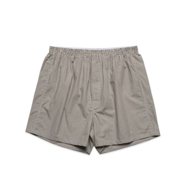 Gray and white striped mens boxer shorts with an elastic waistband, laid flat.