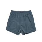 Blue mens boxer shorts with an elastic waistband, laid flat on a white background.