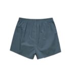 Blue mens boxer shorts with an elastic waistband, shown flat from the back.