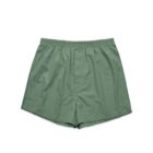 Green boxer shorts with an elastic waistband, laid flat on a white background.