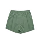 Green elastic-waist shorts laid flat on a white background.