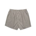 Gray and white pinstriped boxer shorts with an elastic waistband, laid flat on a white background.