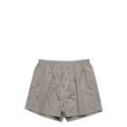 Gray and white pinstriped mens boxer shorts with an elastic waistband, laid flat.