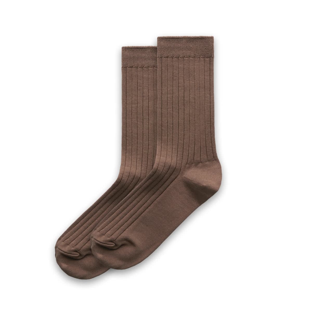 A pair of brown ribbed crew socks on a white background.