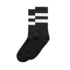 Black socks with two white horizontal stripes near the top, shown against a white background.