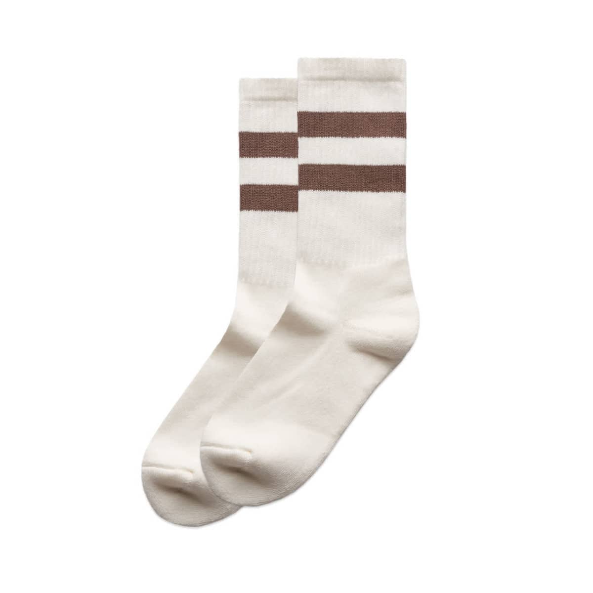 White crew socks with two brown horizontal stripes near the top, displayed on a white background.