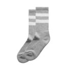 Gray socks with two white stripes near the top, laid flat on a white background.