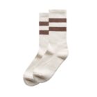 White socks with two brown stripes near the top, placed side by side on a white background.