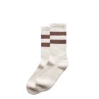Pair of white socks with two brown stripes near the top.