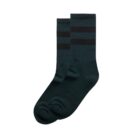A pair of dark green socks with two black horizontal stripes near the top.