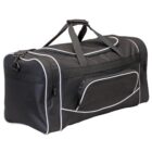 Black duffel bag with white piping, side pockets, and carrying handles on top.