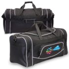 Two black gym duffel bags with white trim; one shows a colorful CloudPower logo.