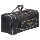 Black duffel bag with white trim and a colorful fish logo on the front pocket.