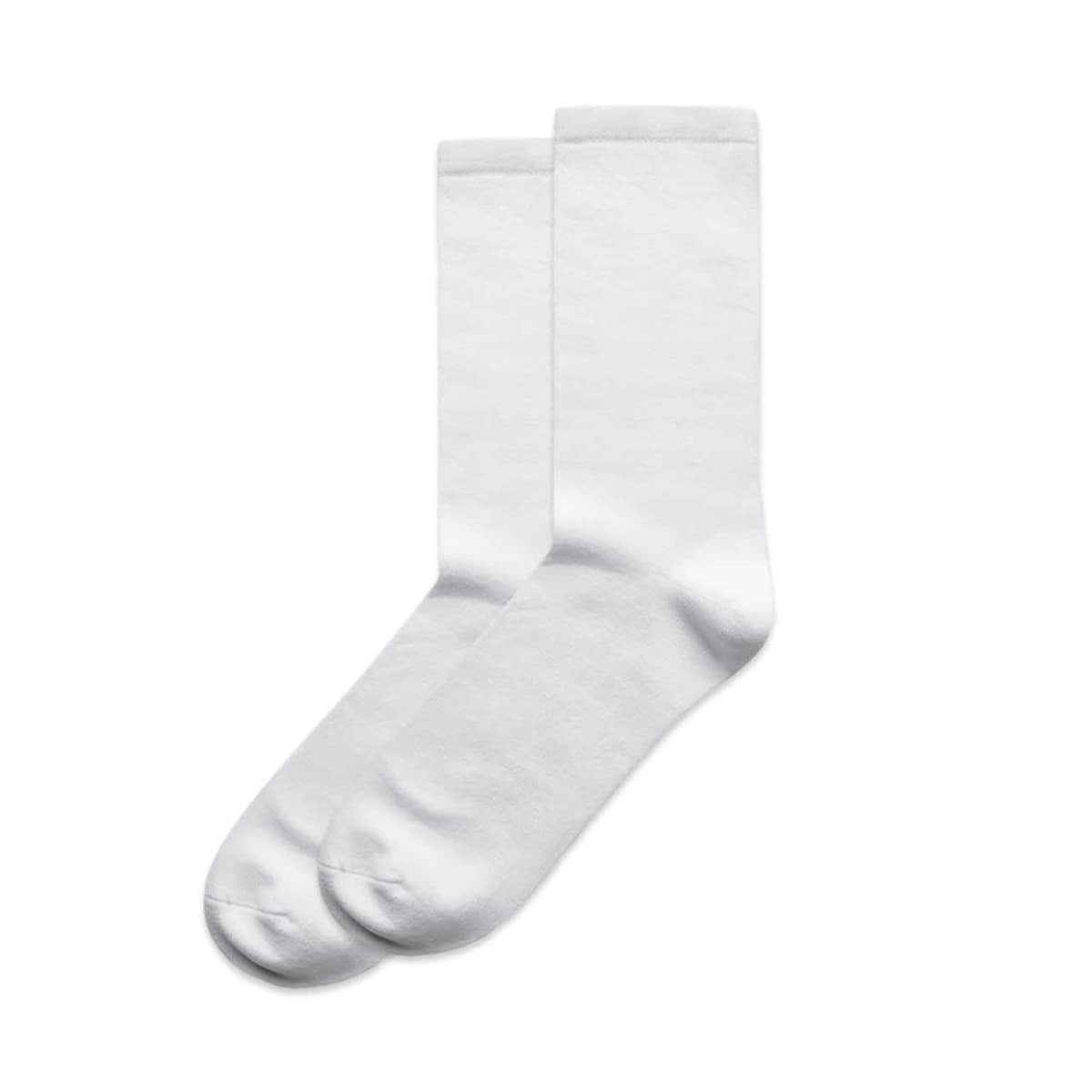 A pair of plain white crew socks on a white background.