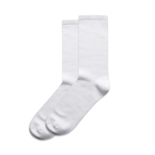 A pair of plain white crew socks on a white background.