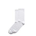 A pair of plain white crew socks on a white background.