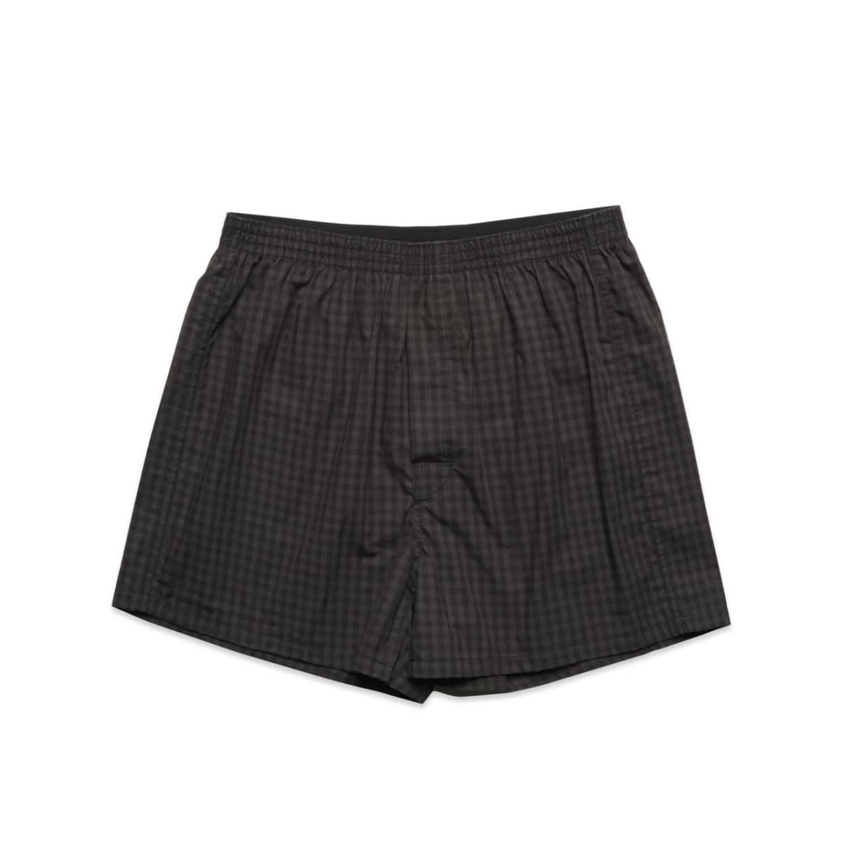 Dark plaid mens boxer shorts laid flat on a white background.