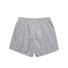 Gray pinstriped mens boxer shorts with an elastic waistband, laid flat on a white surface.