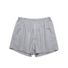 Gray pinstriped mens boxer shorts with an elastic waistband, laid flat on a white background.