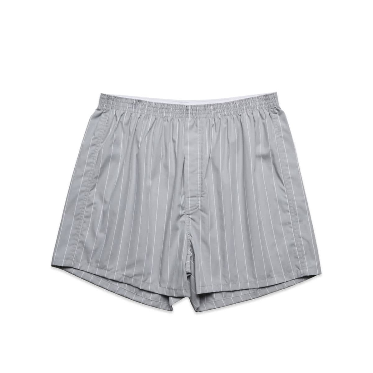 Light gray pinstriped boxer shorts with an elastic waistband, displayed on a white background.