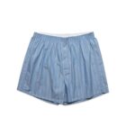 Light blue mens boxer shorts with white vertical pinstripes, laid flat on a white background.