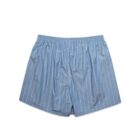 Light blue boxer shorts with thin vertical white stripes, laid flat on a white background.