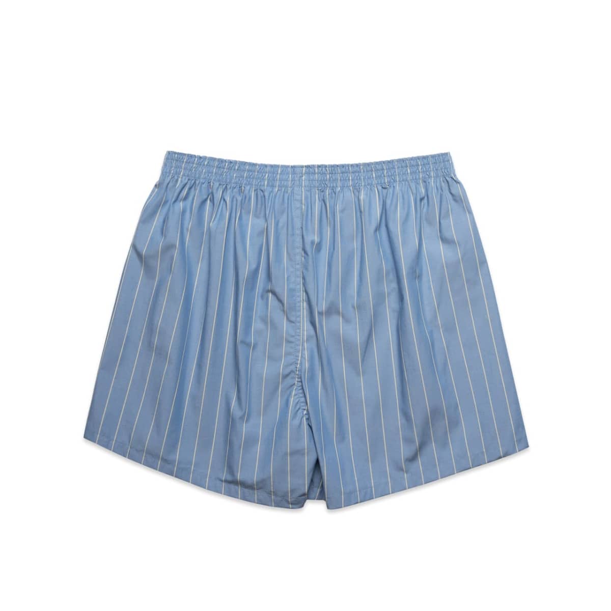 Light blue boxer shorts with thin vertical white stripes, laid flat on a white background.