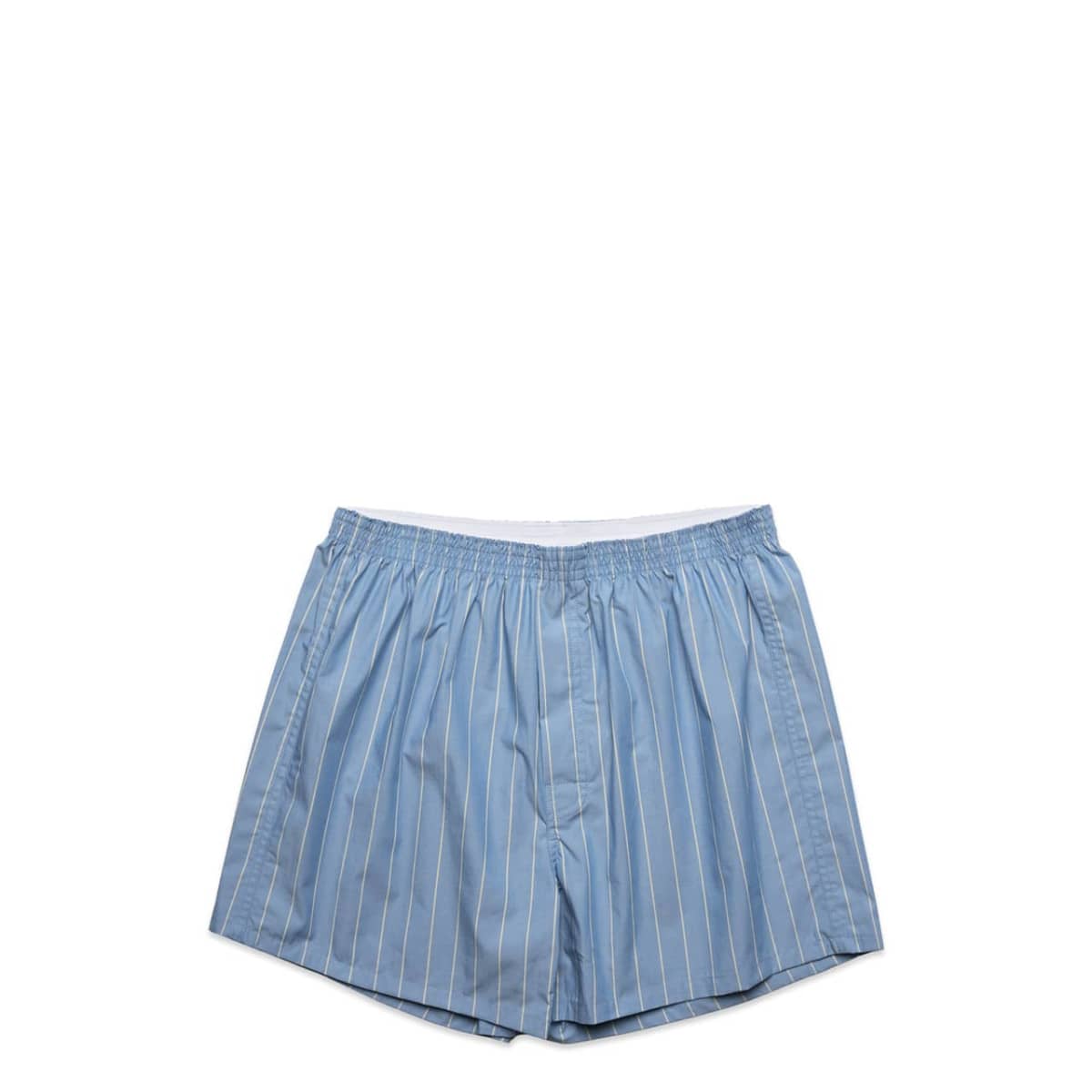 Light blue mens boxers with white vertical pinstripes, displayed on a white background.