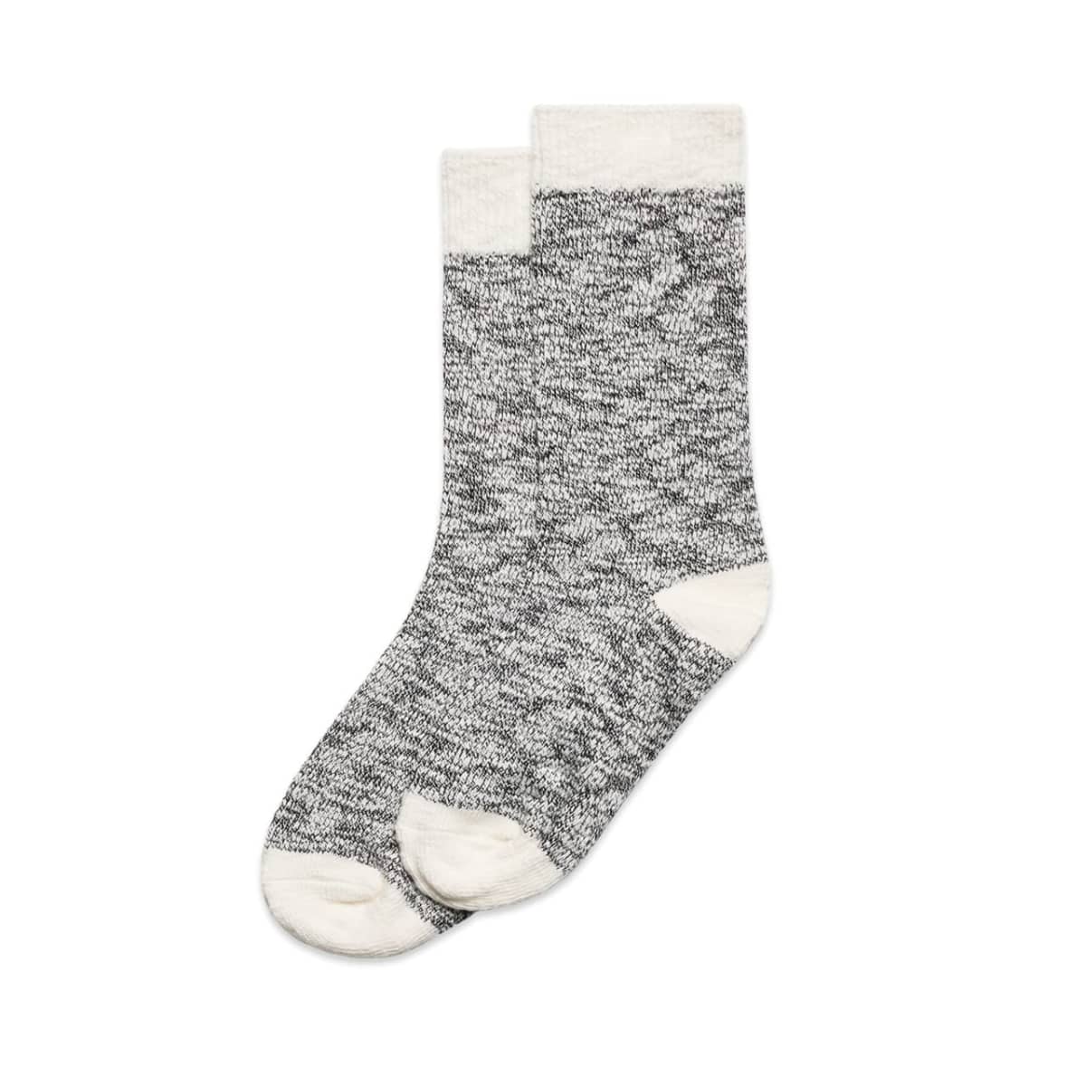 A pair of gray and white marled crew socks with white toes, heels, and cuffs.