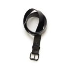 A coiled black leather belt with a black metal buckle on a white background.