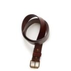 Brown leather belt with a brass buckle coiled in a loop on a white background.