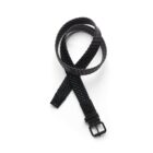 A black woven leather belt with a buckle, displayed on a white background.