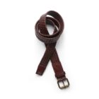 A brown braided leather belt with a brass buckle on a white background.