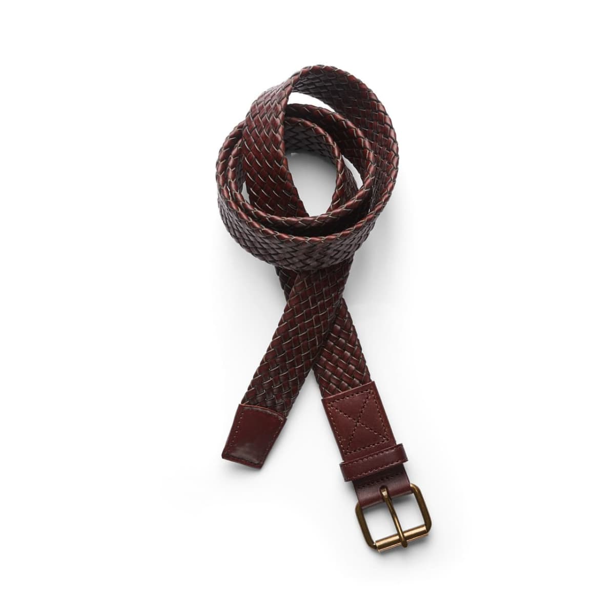 Brown woven leather belt with a gold buckle, coiled on a white background.