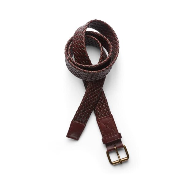 Brown woven leather belt with a gold buckle, coiled on a white background.