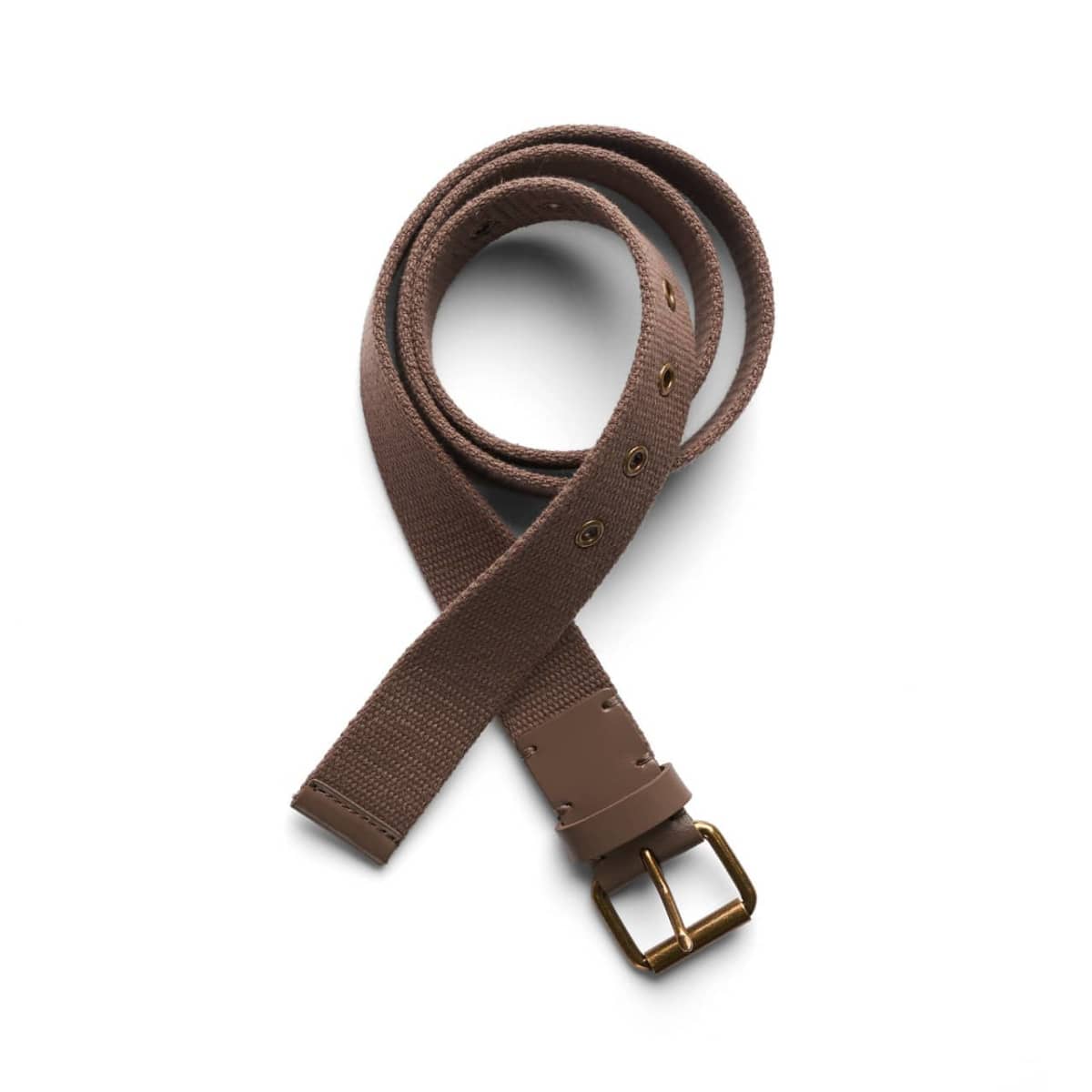A brown fabric belt with a gold buckle, coiled on a white background.