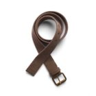 A coiled brown fabric belt with a gold buckle on a white background.