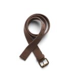 A coiled brown fabric belt with a gold buckle on a white background.