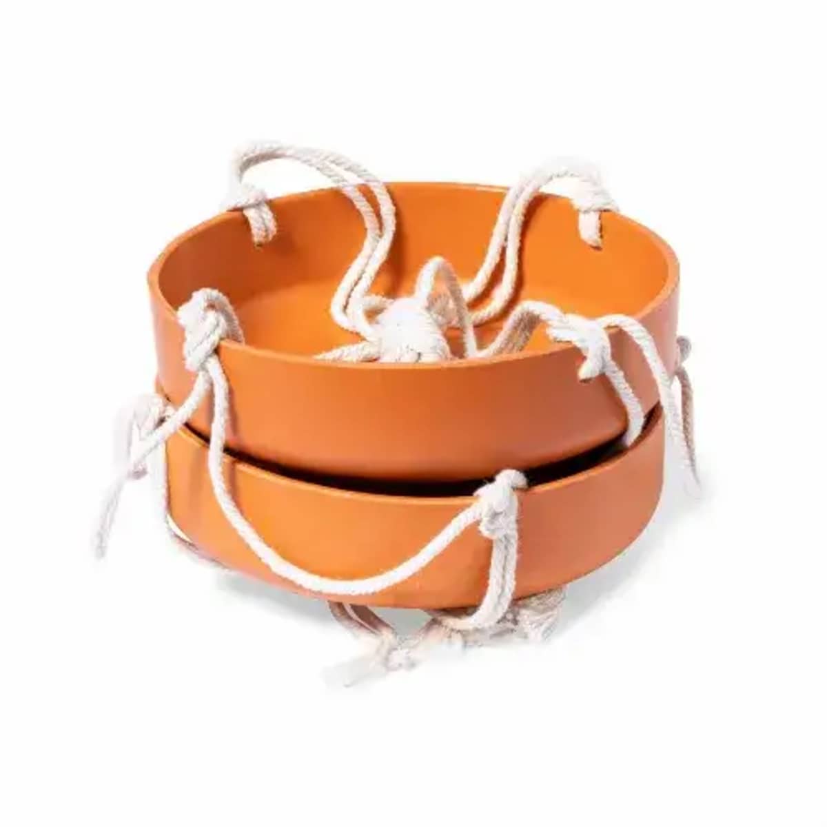 Two stacked orange hanging planters with white rope handles against a white background.