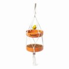 Hanging orange bird feeder with two trays and a yellow bird perched on the top tray.