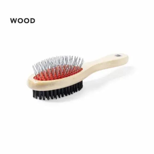 Wooden dual-sided pet brush with metal pins on one side and black bristles on the other.