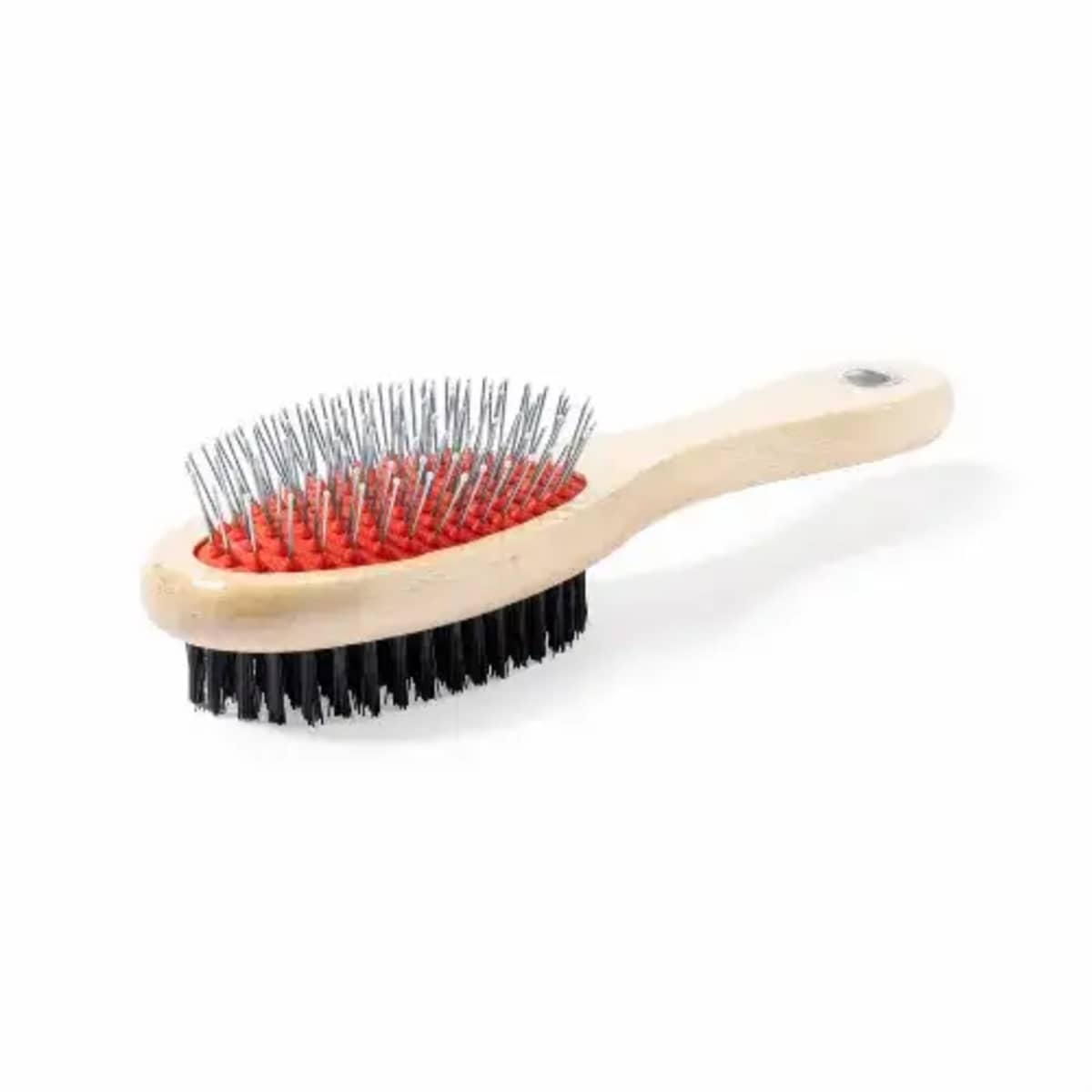 Double-sided grooming brush with a wooden handle, metal bristles, and black bristles.