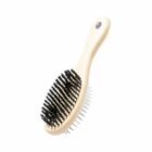 Wooden double-sided hair brush with bristles on one side and metal pins on the other.