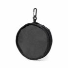 Round black zippered pouch with a small clip attached at the top.