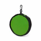 Round green zippered pouch with black trim and a clip attached at the top.