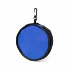 Round blue zippered pouch with a black edge and a small plastic clip on top.